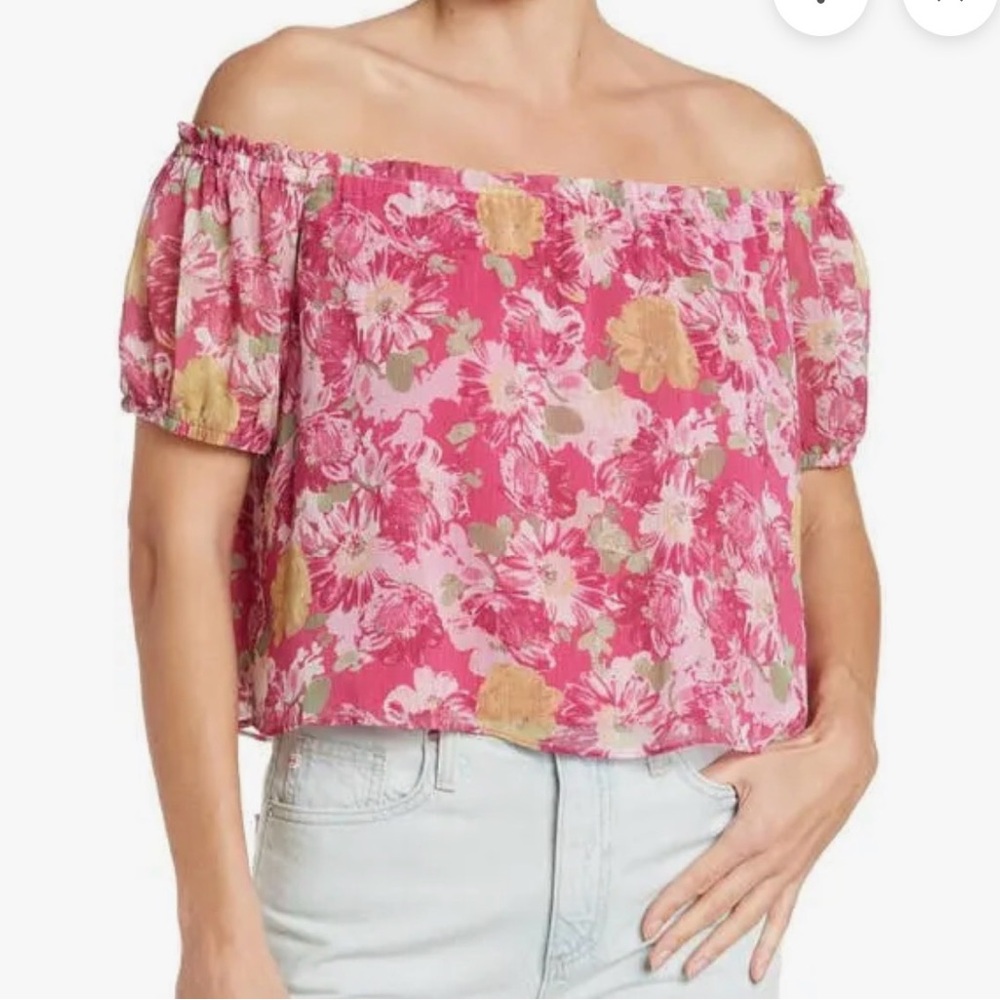 WAYF Floral Off-Shoulder Blouse - Pink and Gold